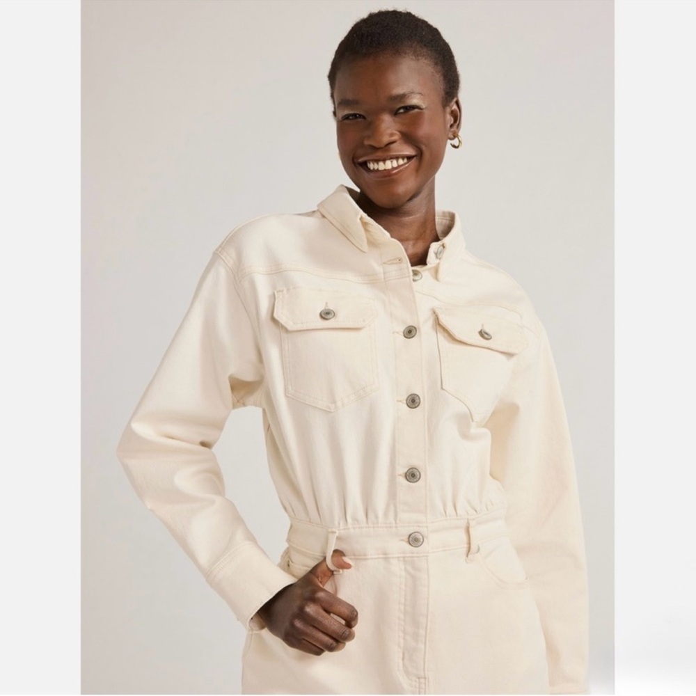 Elegant Cream Women's Denim Midi Dress - Picture 4 of 5